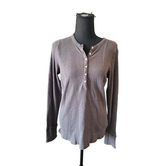 aerie Tops - Aerie Gray Long Sleeve Waffle Knit V Neck Fitted Top Size L Tag Less Y2K 90s